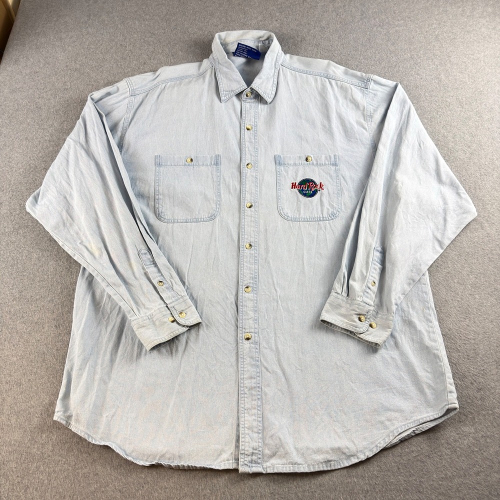 Hard Rock Cafe San Francisco Denim Shirt Mens XL Light Wash All Is One Globe Vtg